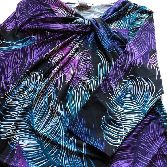 Carmen beautiful multi-color blouse 3/4 sleeve blk/purp/grn twist at neck NWT L - Picture 7 of 7